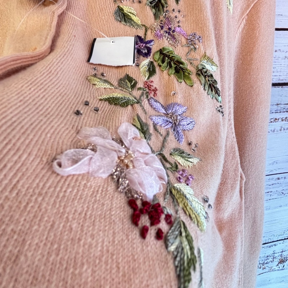 Vintage Embroidered Beaded Cardigan L Peach Ramie/Rayon 3D Ribbon Floral Whimsy - Picture 12 of 16